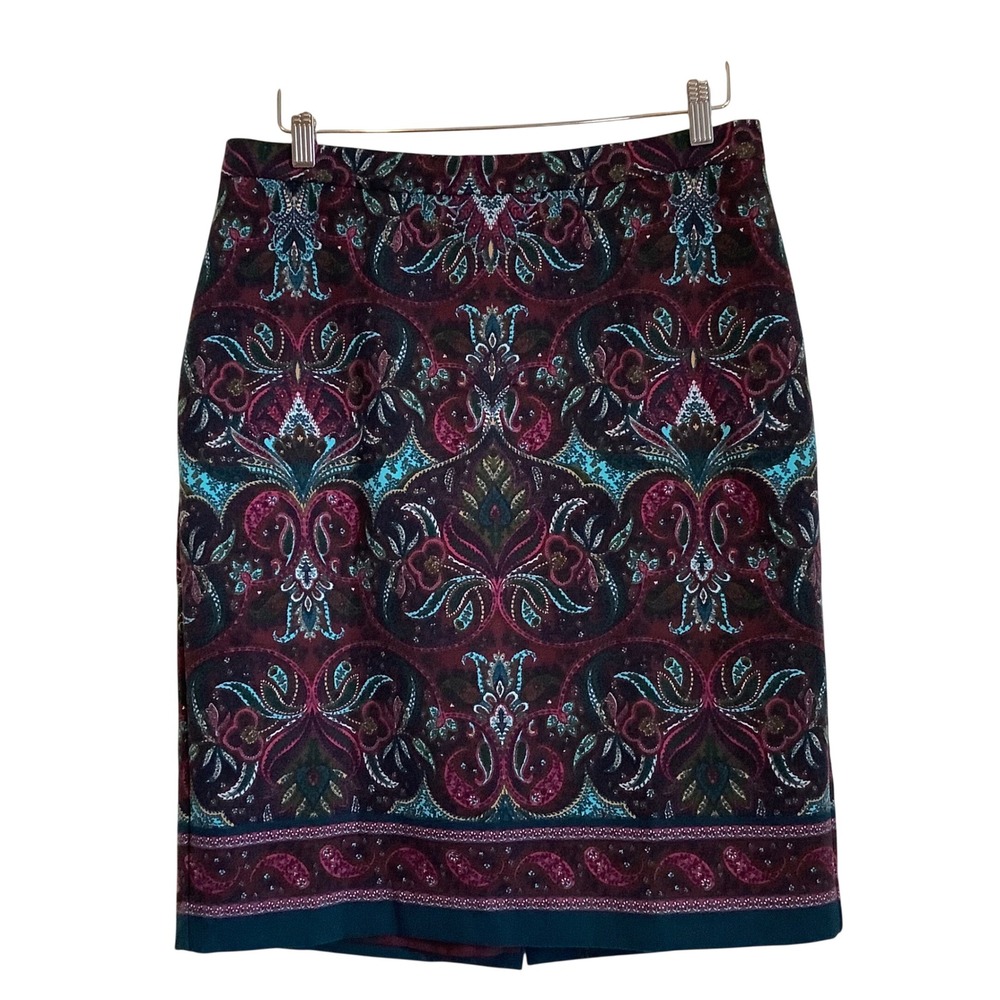 Talbots Womens 12 Burgundy Teal Paisley Damask Pencil Skirt Lined Knee Length